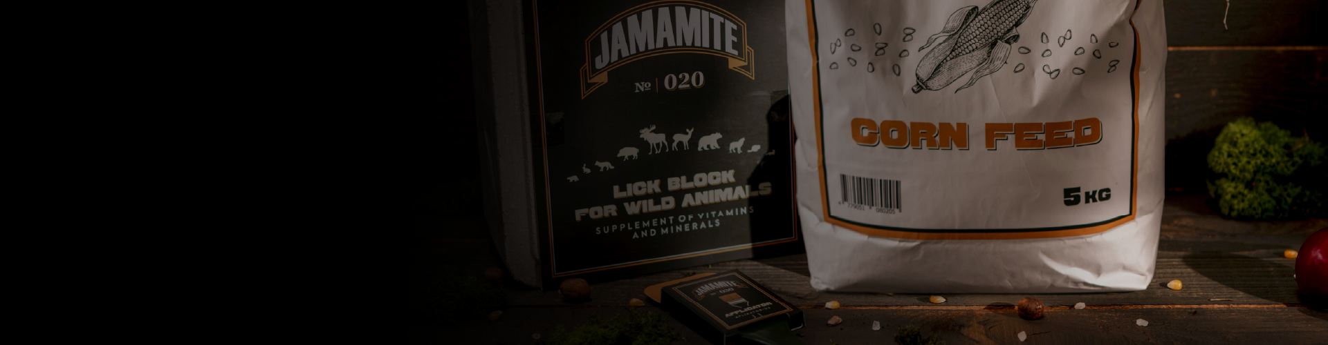 A lick block and a bag of corn feed
